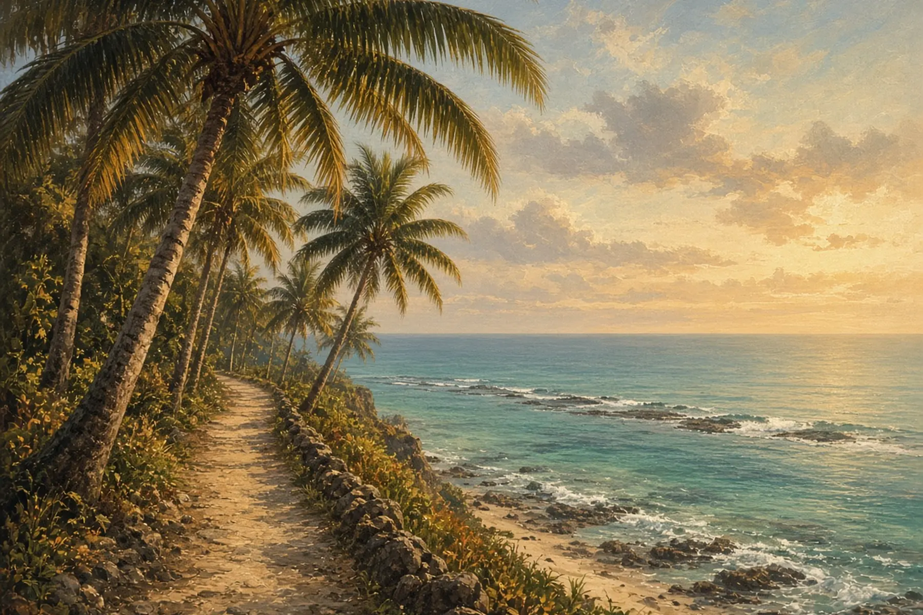Sandy coastal path lined with coconut palms and a stone wall above a turquoise sea at sunset