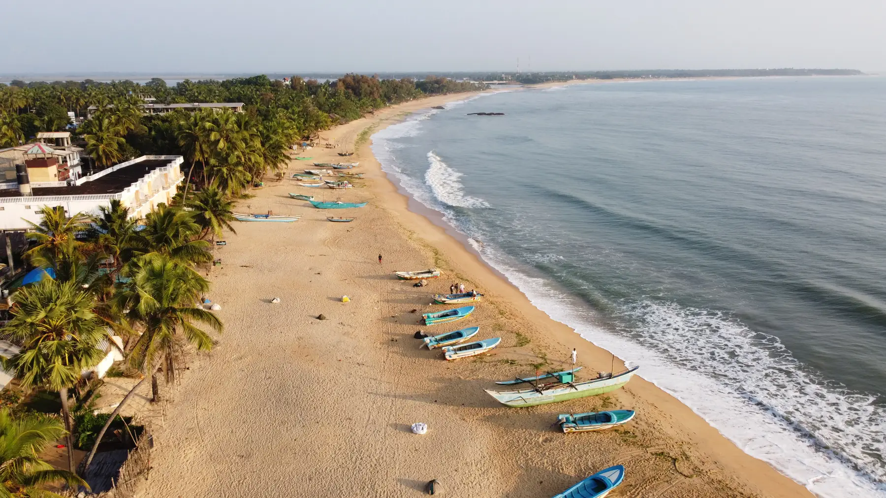 Aerial view of the beach at Arugam Bay, with fishing boats pulled up on the sand below a line of palms.