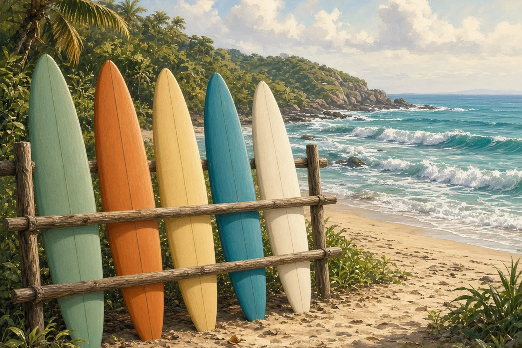 Row of colourful surfboards standing in a wooden rack on a beach with waves breaking behind.