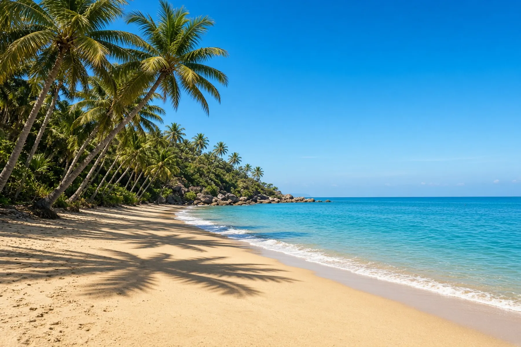 An empty stretch of golden sand and turquoise sea under a clear sky, with leaning coconut palms.