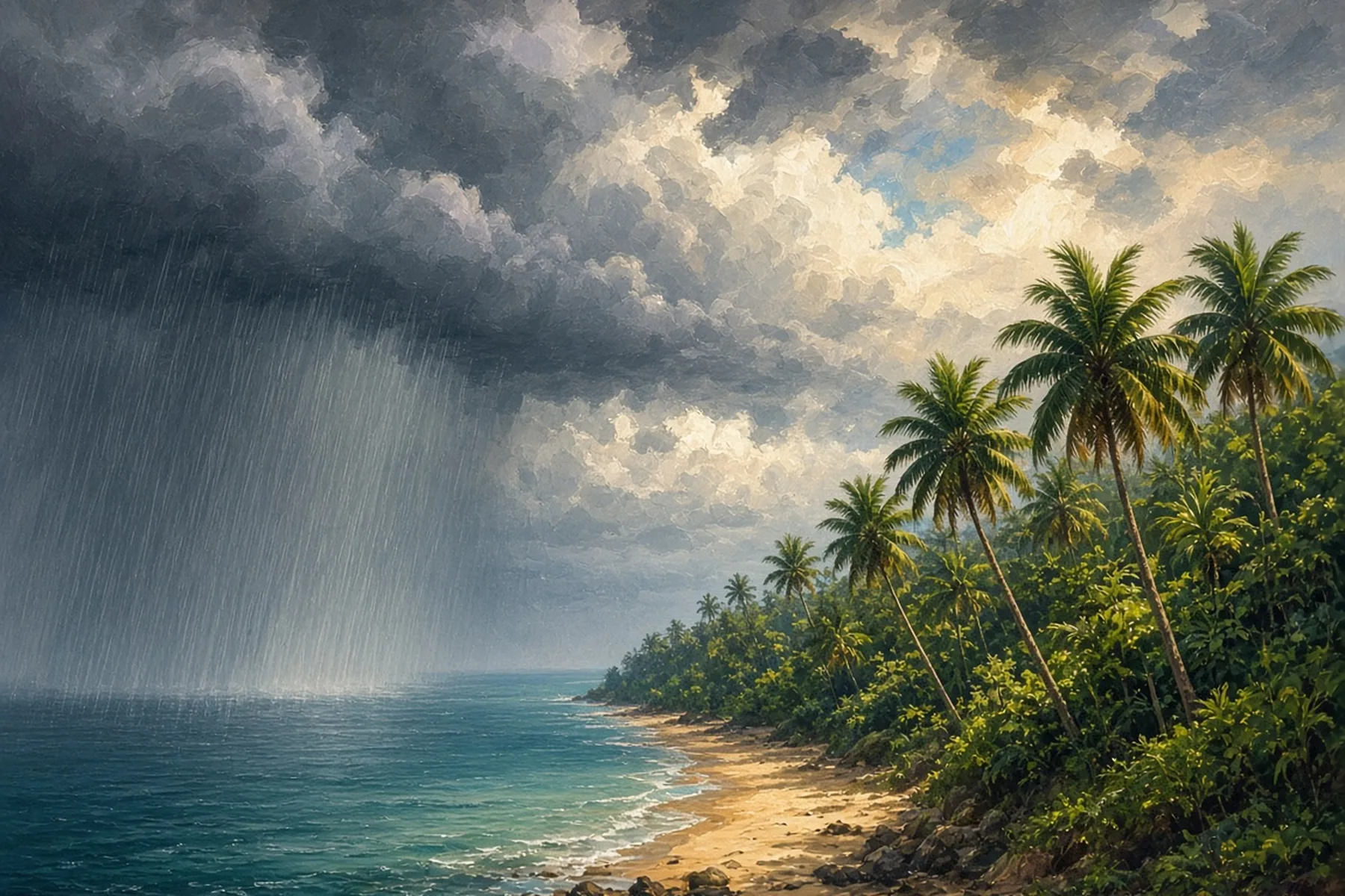 Dark monsoon clouds and rain over the sea beside a sunny palm-fringed coast.