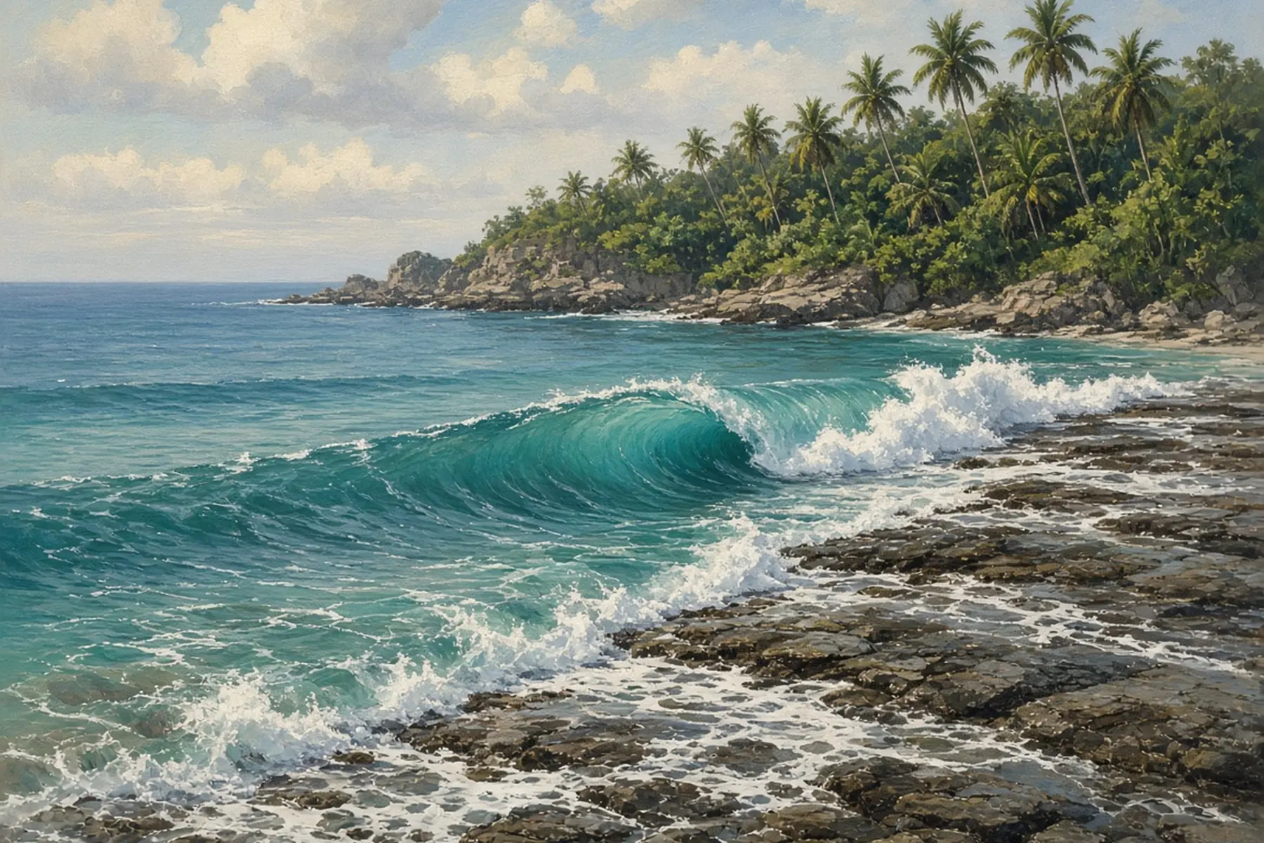 Wave breaking over a flat rock shelf beside a palm-covered headland, with nobody surfing