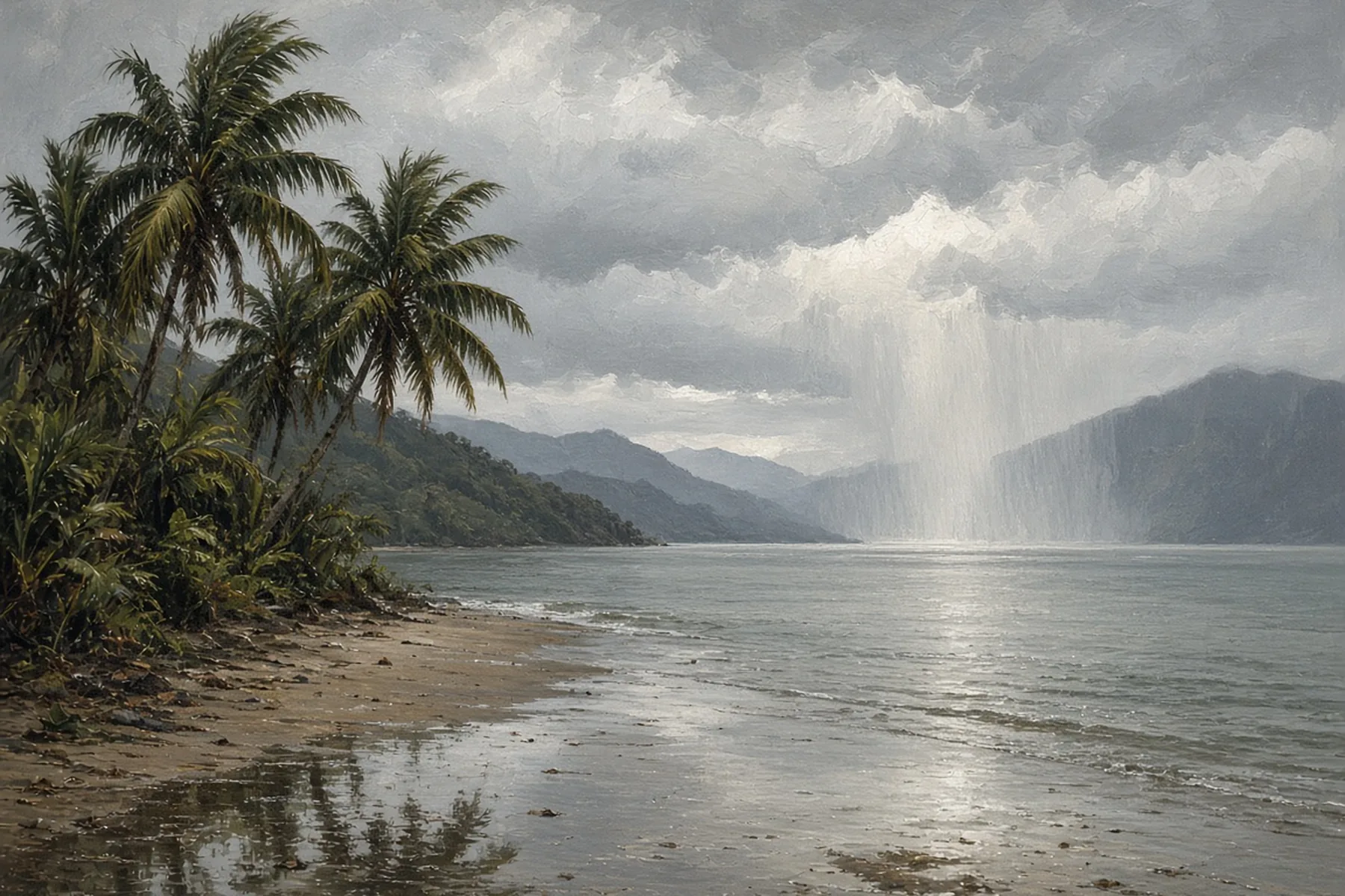 Rain falling over distant hills beyond a grey bay with palms and wet sand under heavy clouds