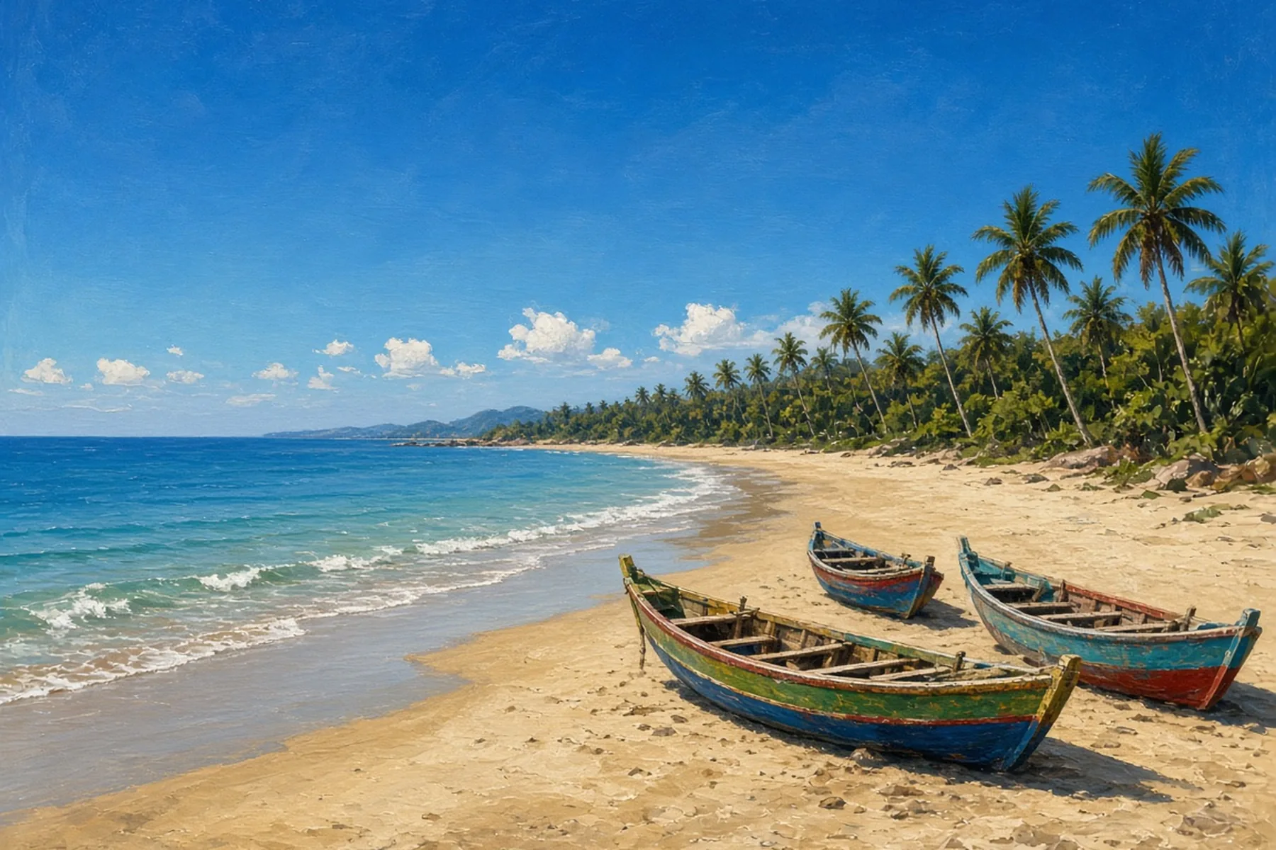 Three painted wooden boats on a sandy palm-lined beach under a clear blue sky