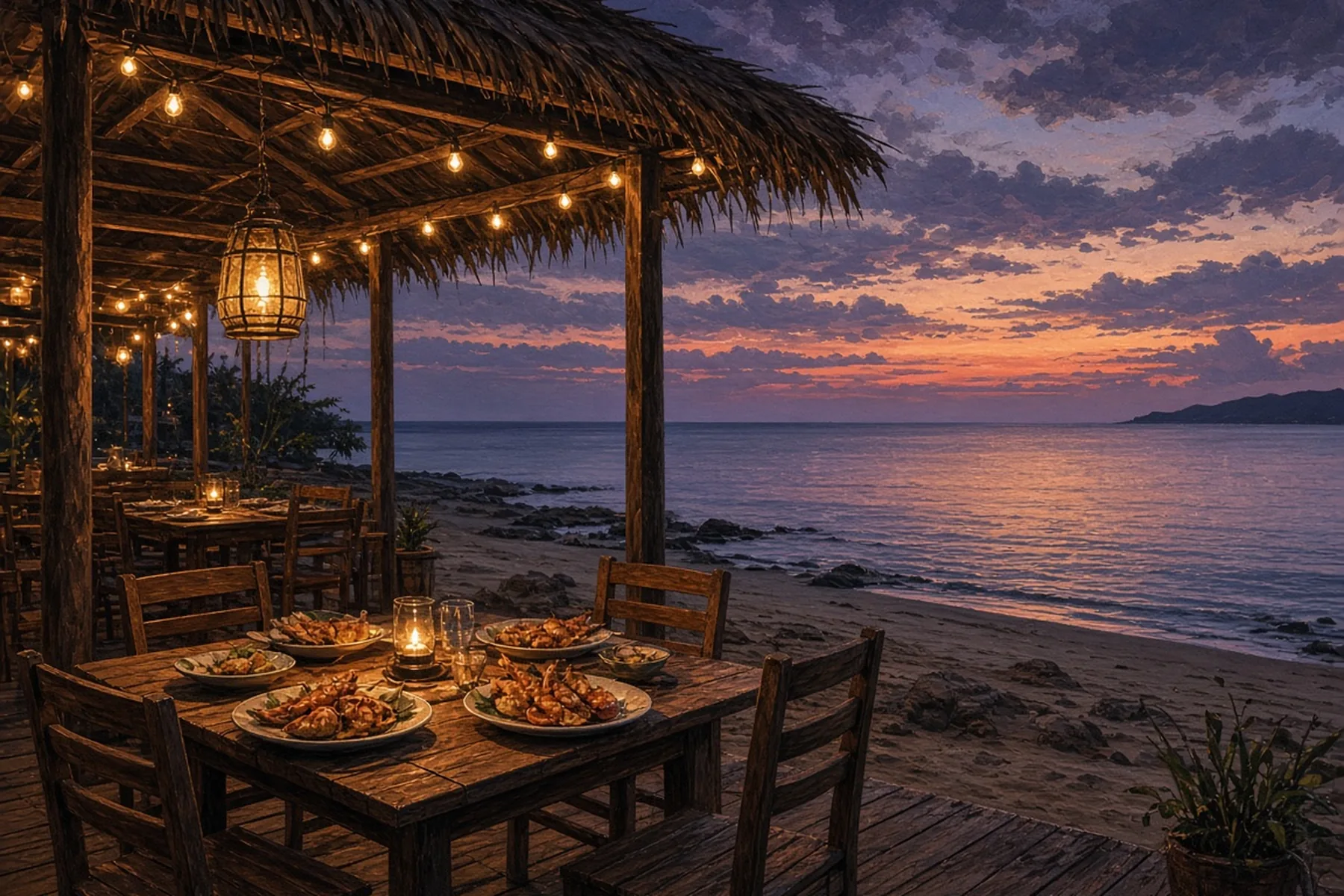 Beachfront restaurant tables with string lights and plates of seafood under a thatched roof at dusk.