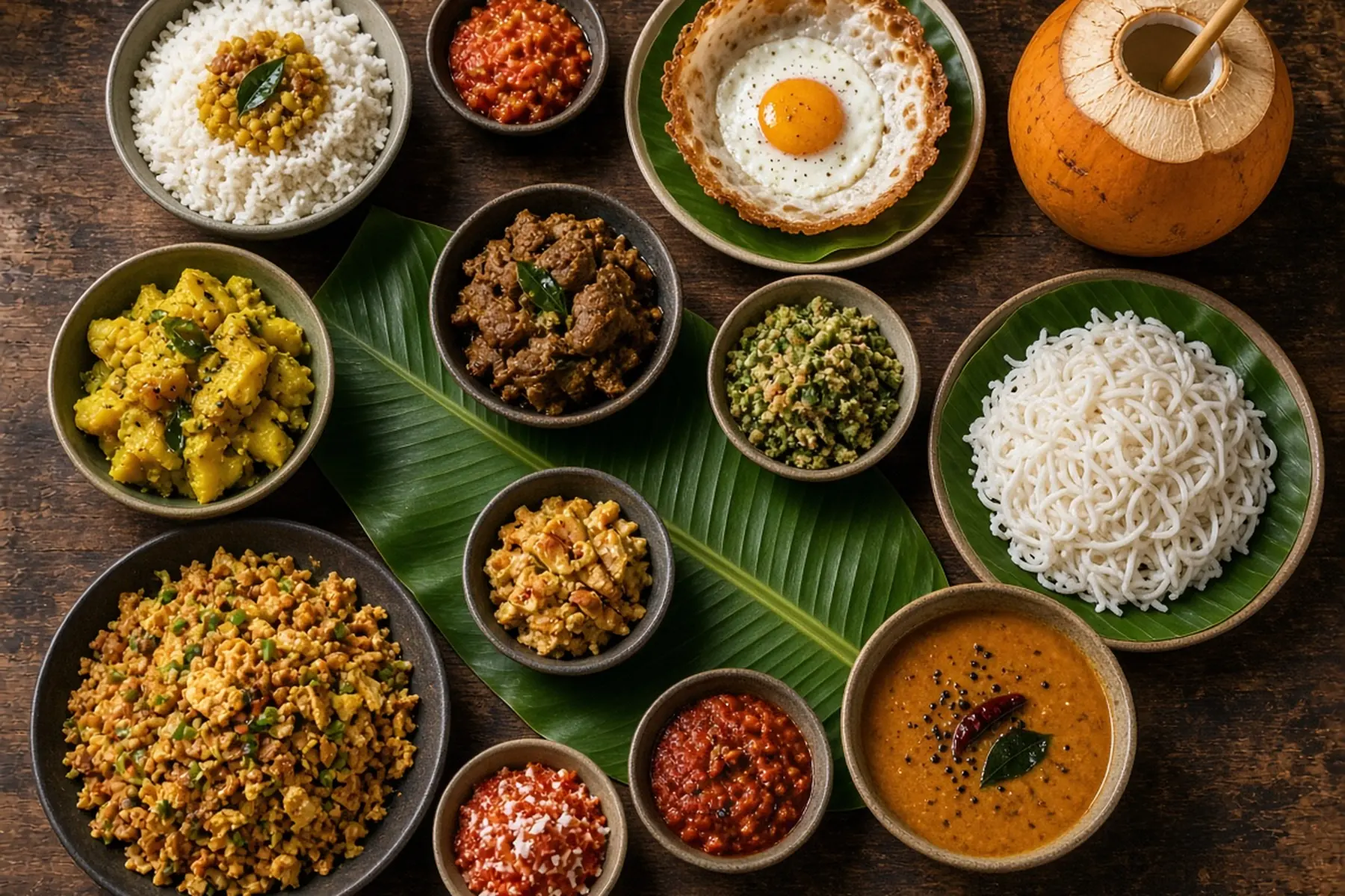 Overhead view of Sri Lankan dishes including rice and curry, hoppers, sambols and a king coconut.