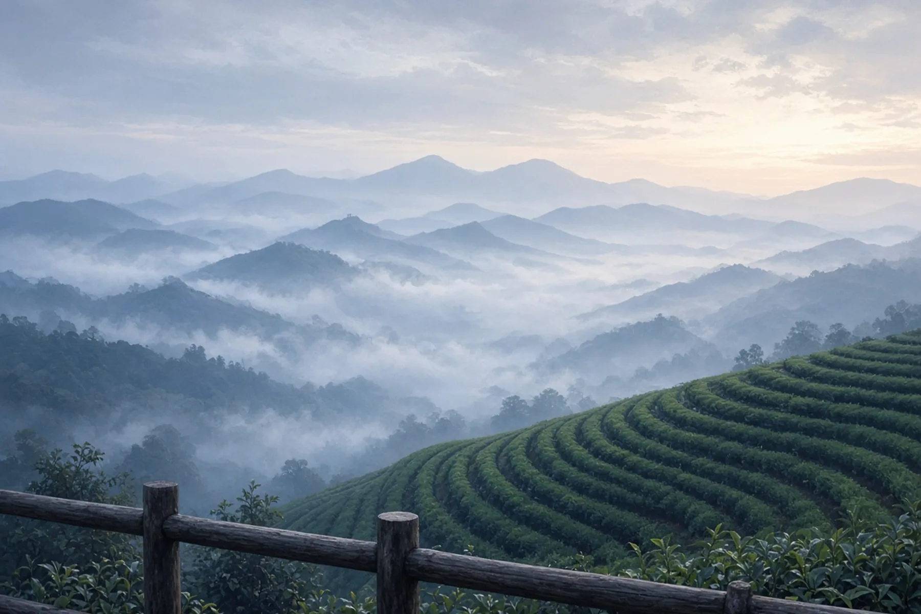Misty ridges and tea terraces at dawn seen from a viewpoint railing in the hill country.