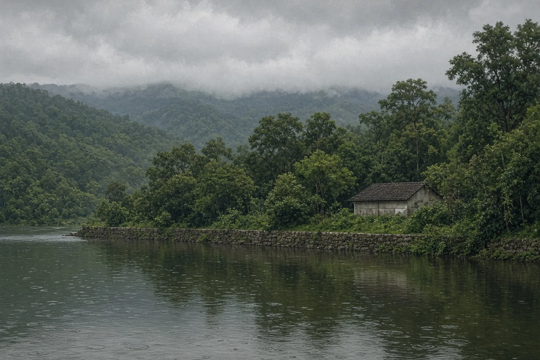 Rainy lake under low cloud with a small plain building among trees on a wooded shore
