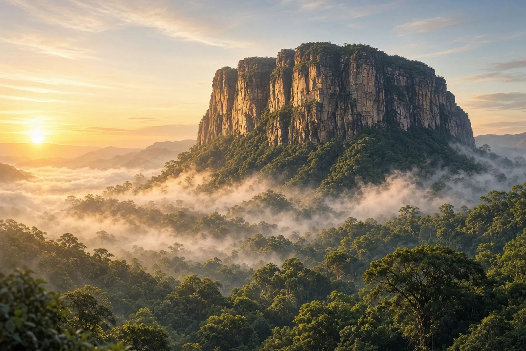 Flat-topped rock rising above jungle and morning mist at sunrise.