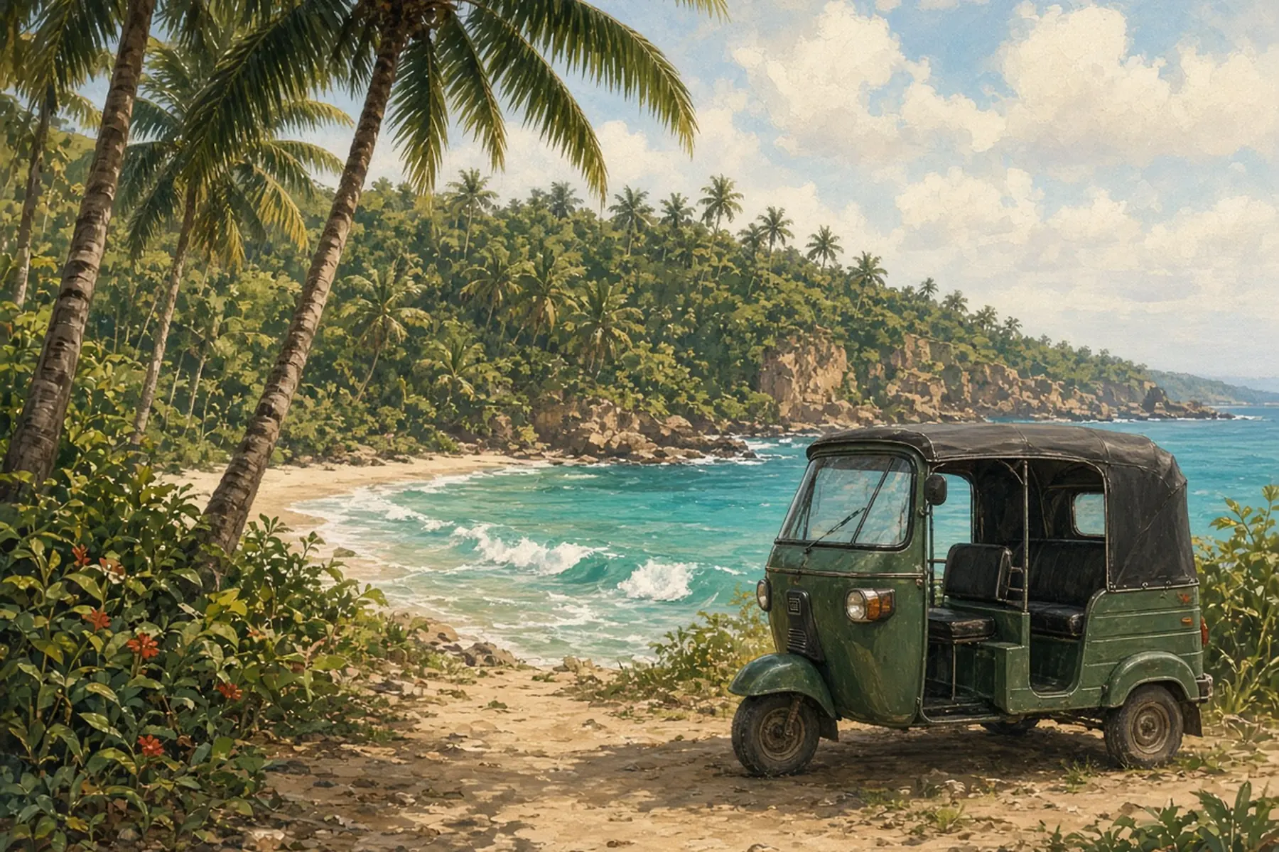 Empty green tuk-tuk parked on a sandy track above a turquoise cove with palms and a rocky headland