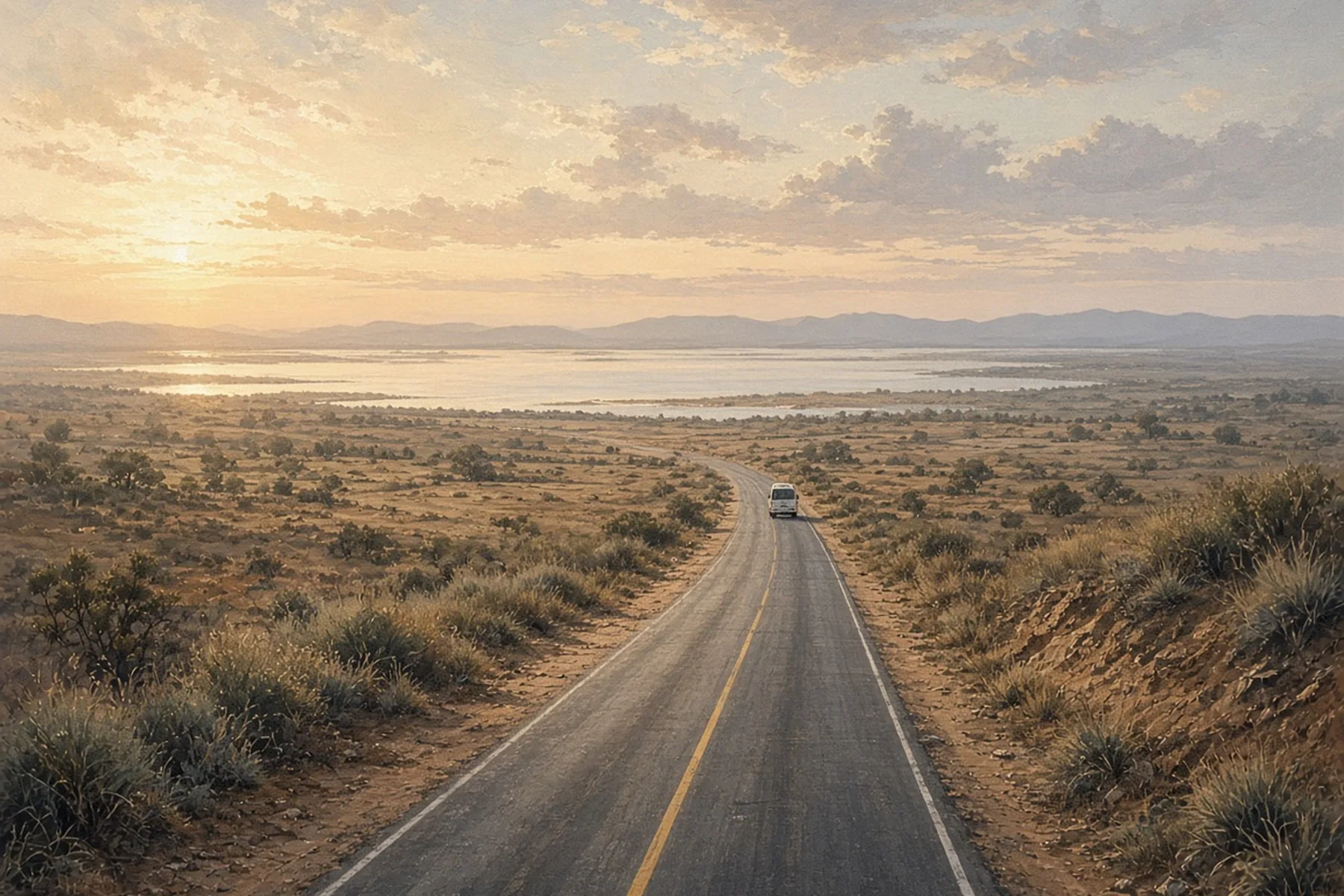 Long empty highway crossing dry scrubland toward a pale sunrise and a distant lagoon.