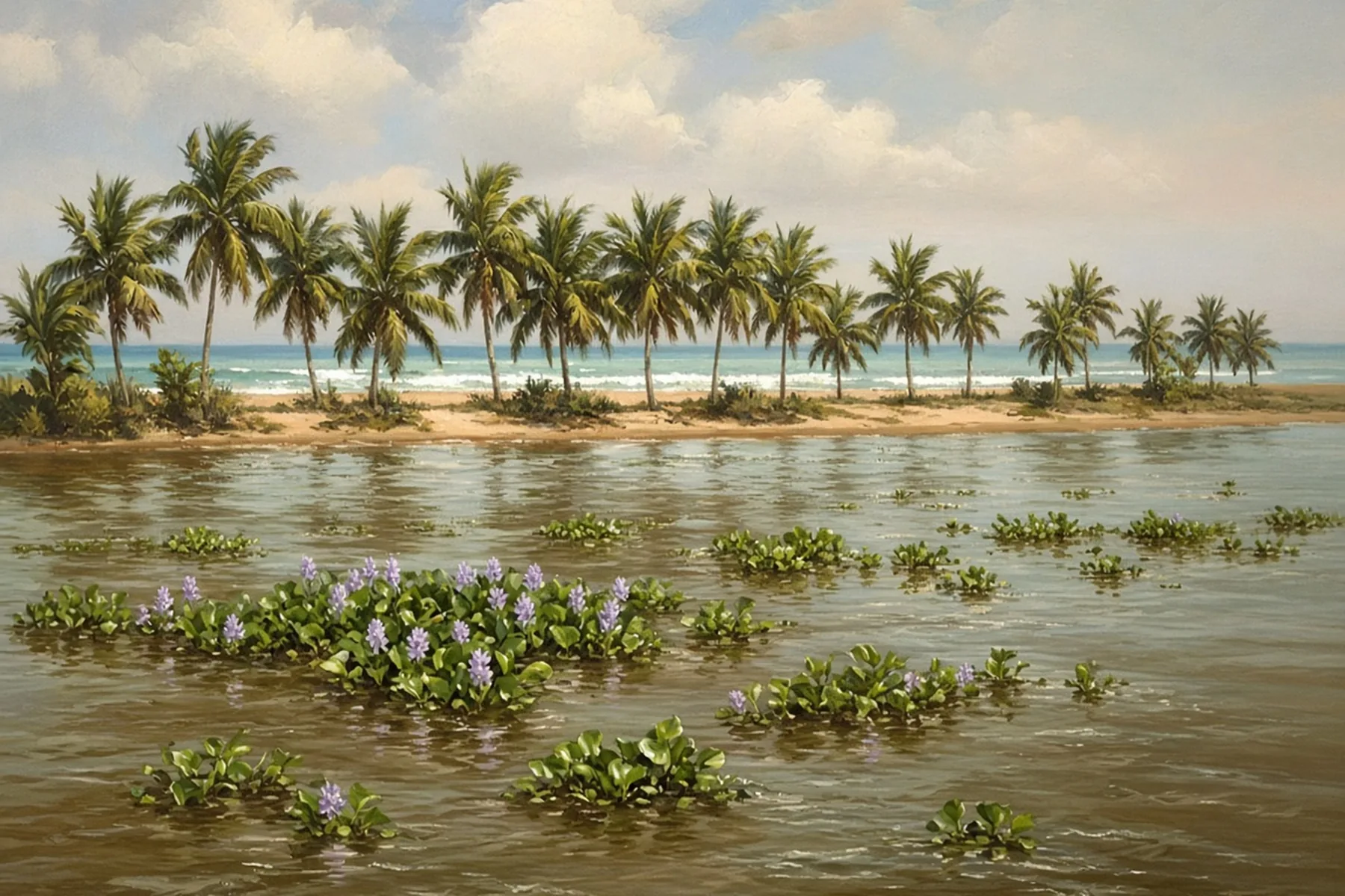 Calm river with floating water hyacinth in the foreground and a line of coconut palms on a sandy spit that separates it from the sea.