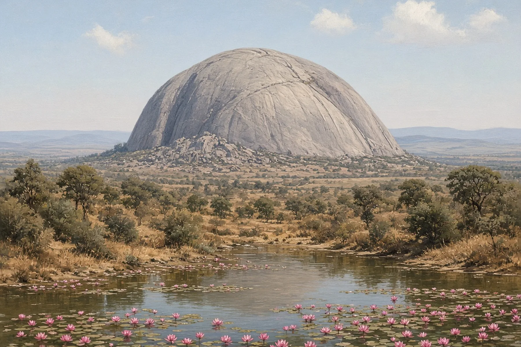 A huge smooth granite dome rising from dry scrubland behind a lotus-covered village tank under a pale blue sky.