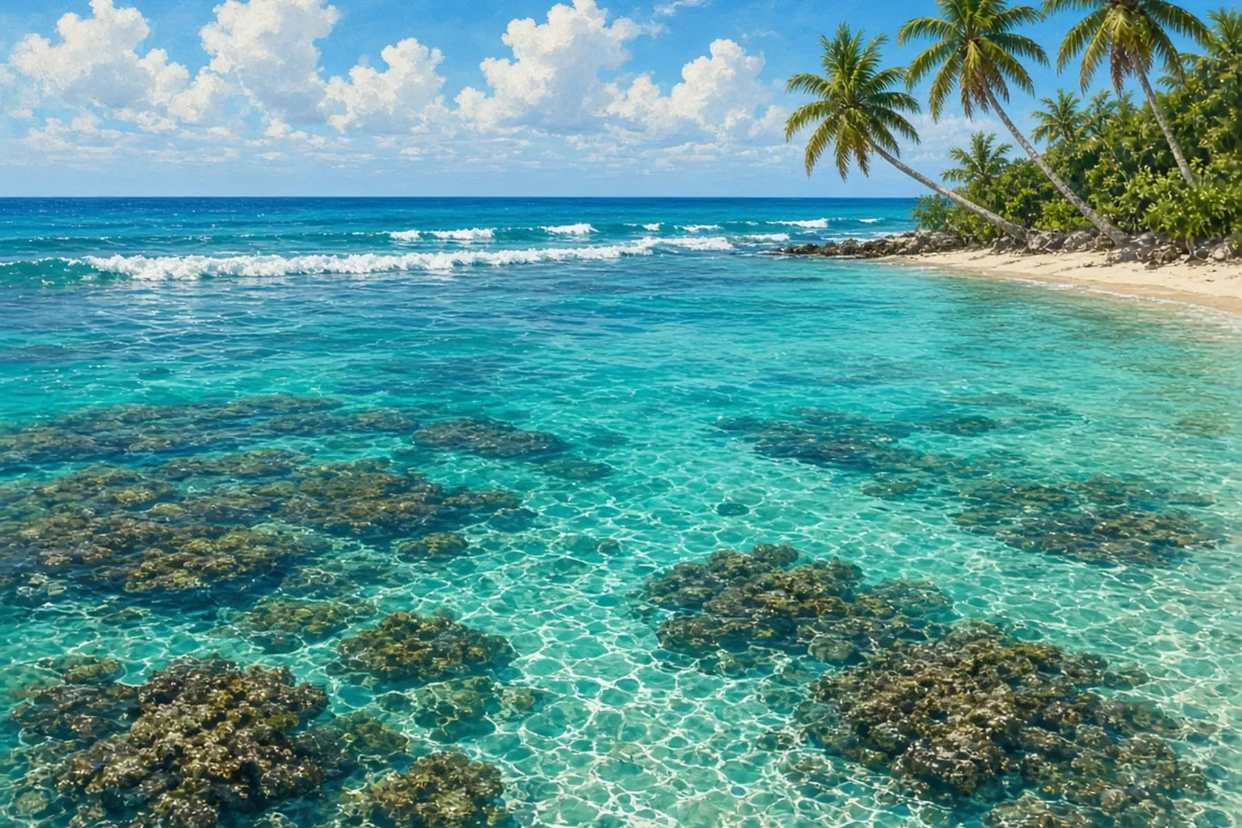 Clear turquoise reef shallows with dark coral patches, small surf breaking on the reef and leaning palms on the shore.