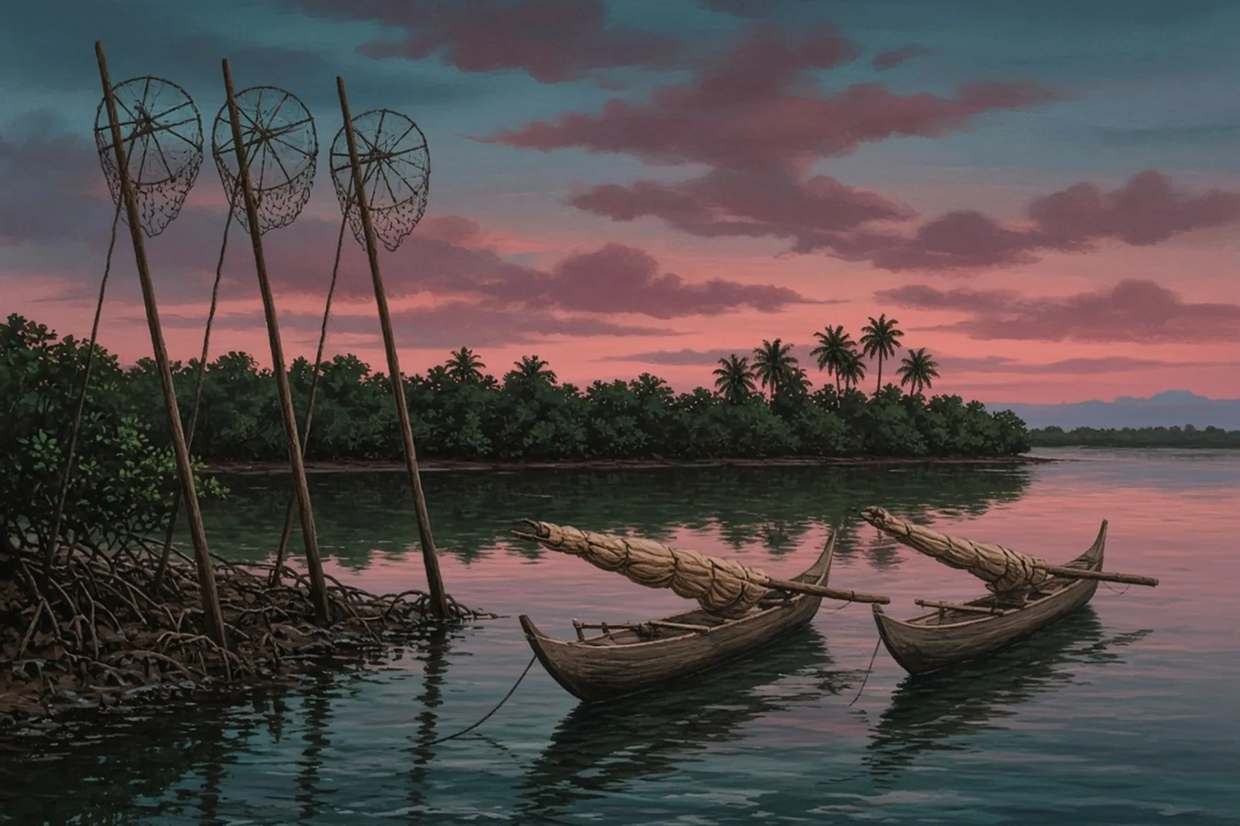 Quiet Negombo-style lagoon at dusk, with cast-net frames on poles, two wooden fishing canoes with furled sails and mangroves under a rose and teal sky.