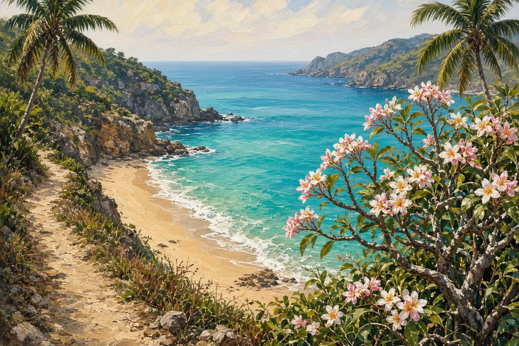 Sandy footpath above a turquoise bay with pink frangipani flowers in the foreground
