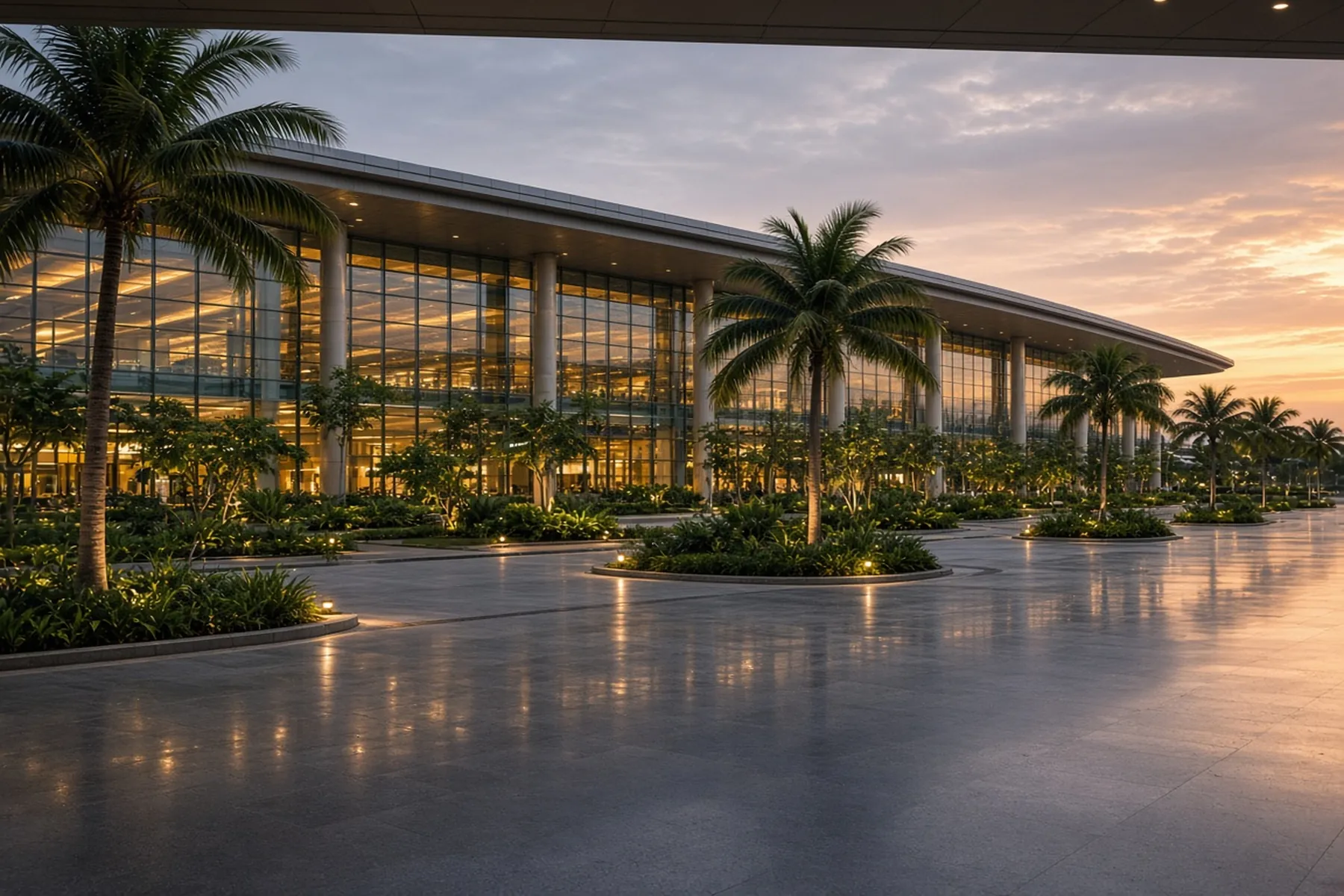 A modern tropical airport terminal at dusk, its glass facade lit warm beside palm trees and an empty forecourt.