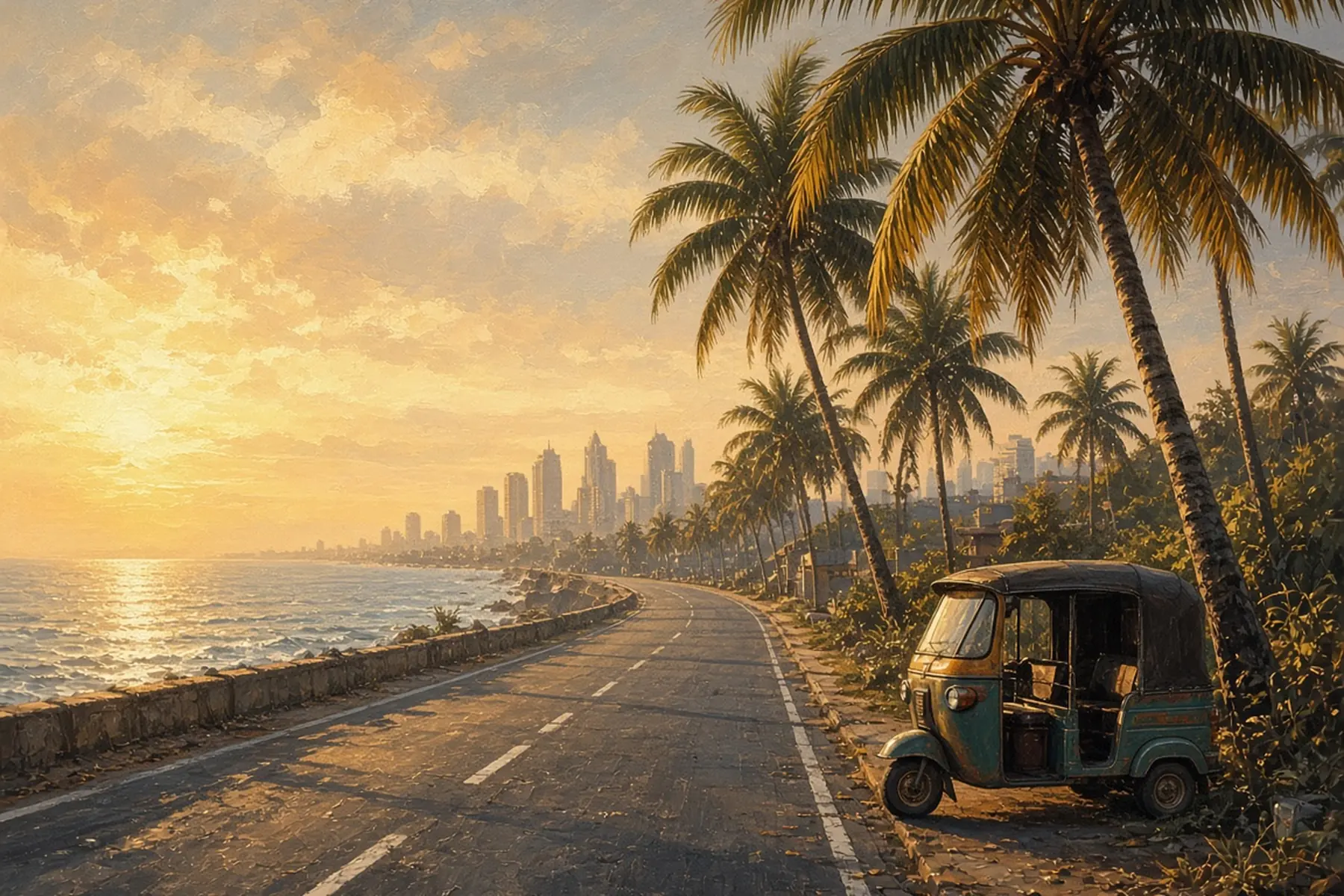 Palm-lined coastal road at golden hour leading toward a distant city skyline, with a tuk-tuk parked at the roadside.