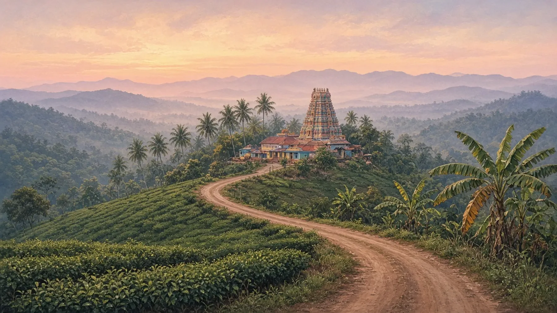 Winding dirt road crossing green tea slopes toward a colourful tiered Hindu temple tower among coconut palms, with hazy blue hills under a soft pink dusk sky.