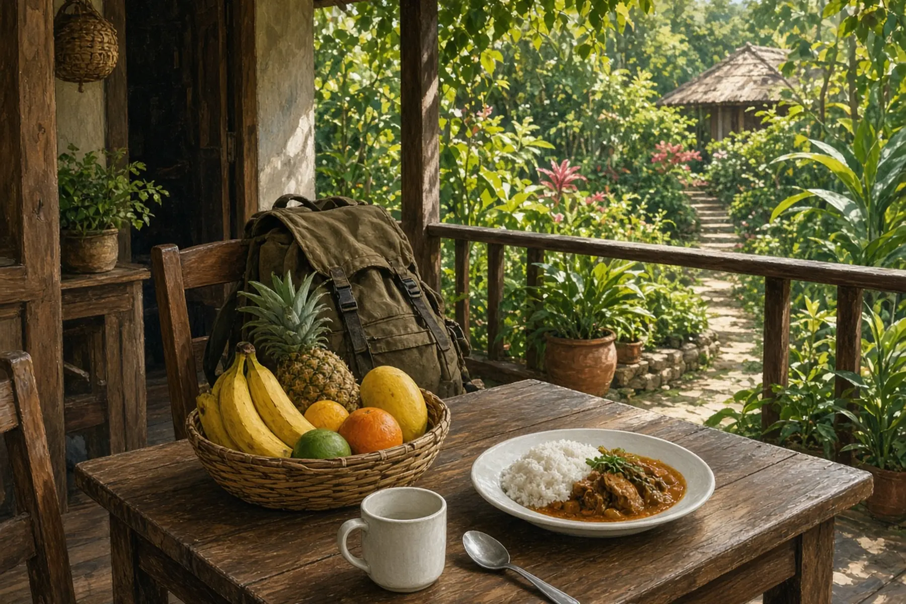 Guesthouse veranda with a basket of fruit, a plate of rice and curry, and a backpack.
