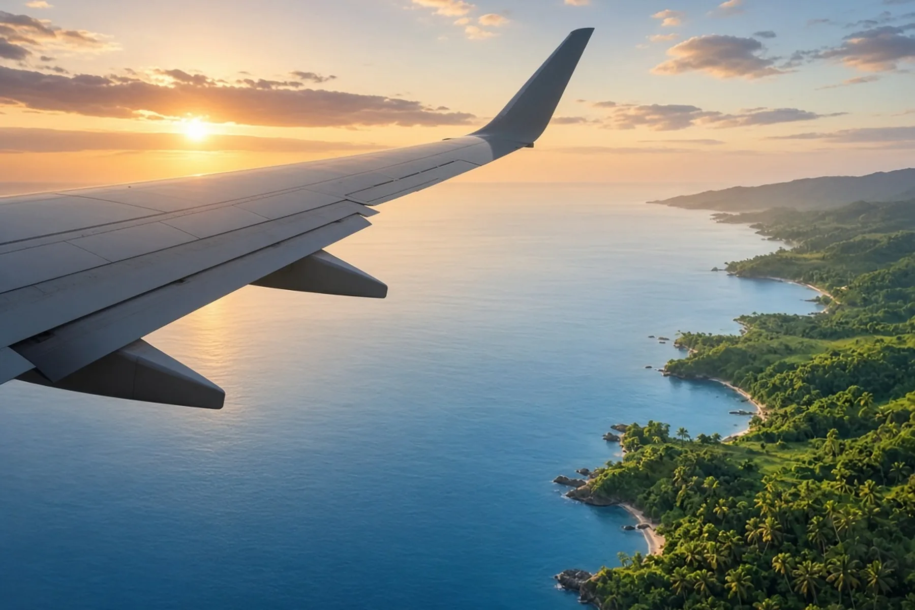 Aeroplane wing over a calm blue sea at sunrise, approaching a green tropical coastline.