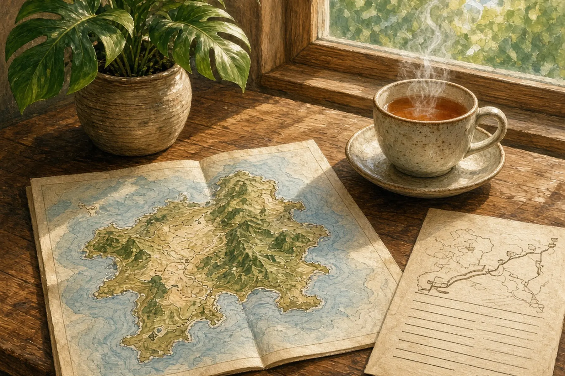 Travel planning desk with a paper map, a cup of tea, a small plant and a printed itinerary sheet.
