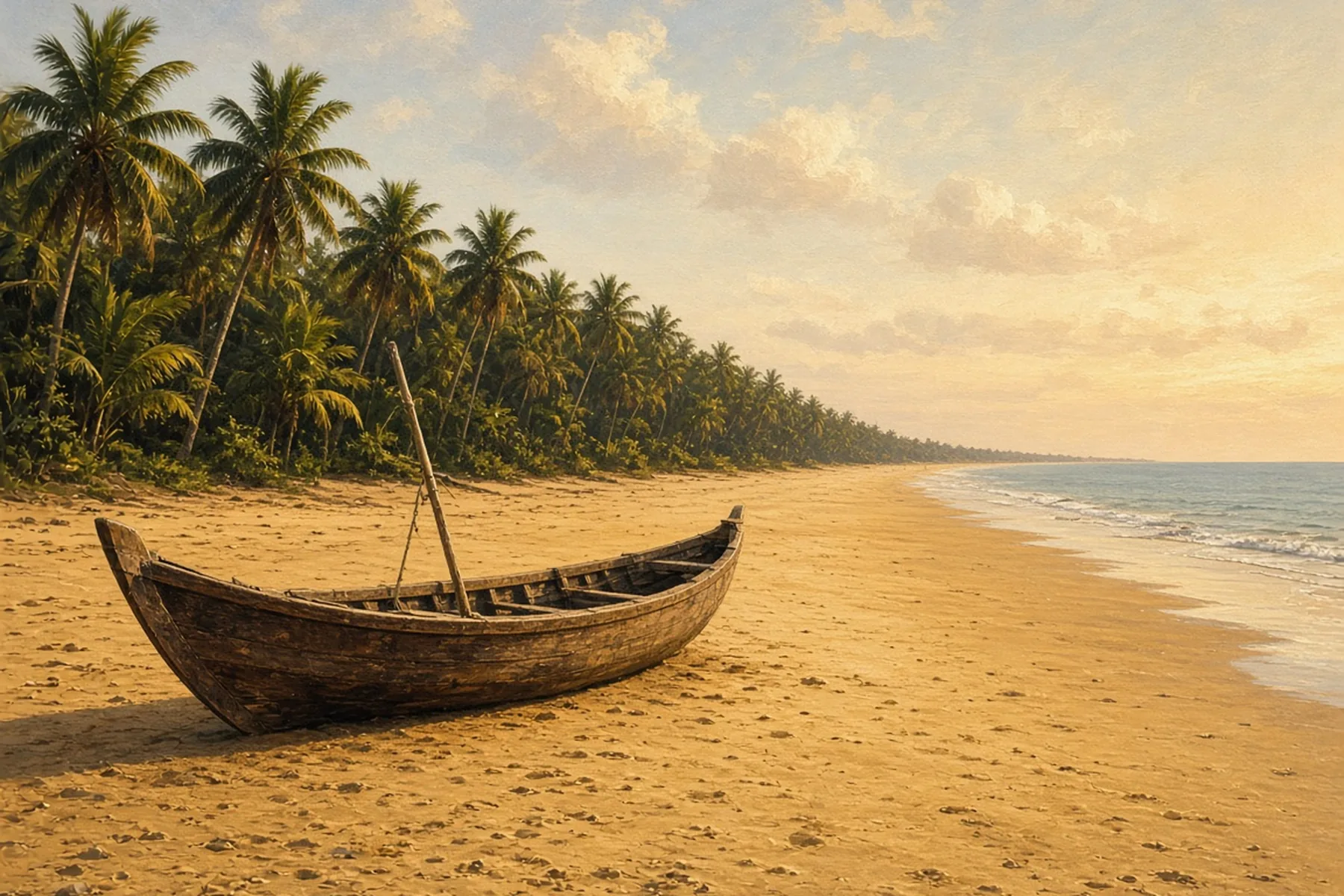 Old wooden fishing boat on a long golden beach beside a palm-fringed shore