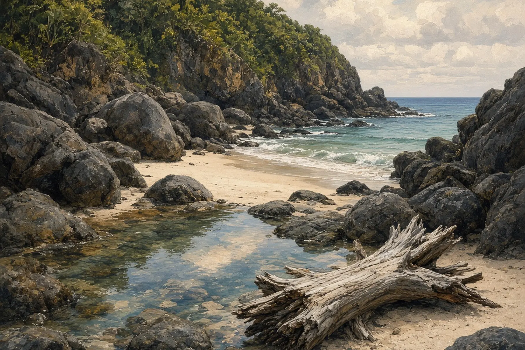 Small rocky cove with a tide pool, a weathered driftwood log and cliffs covered in forest