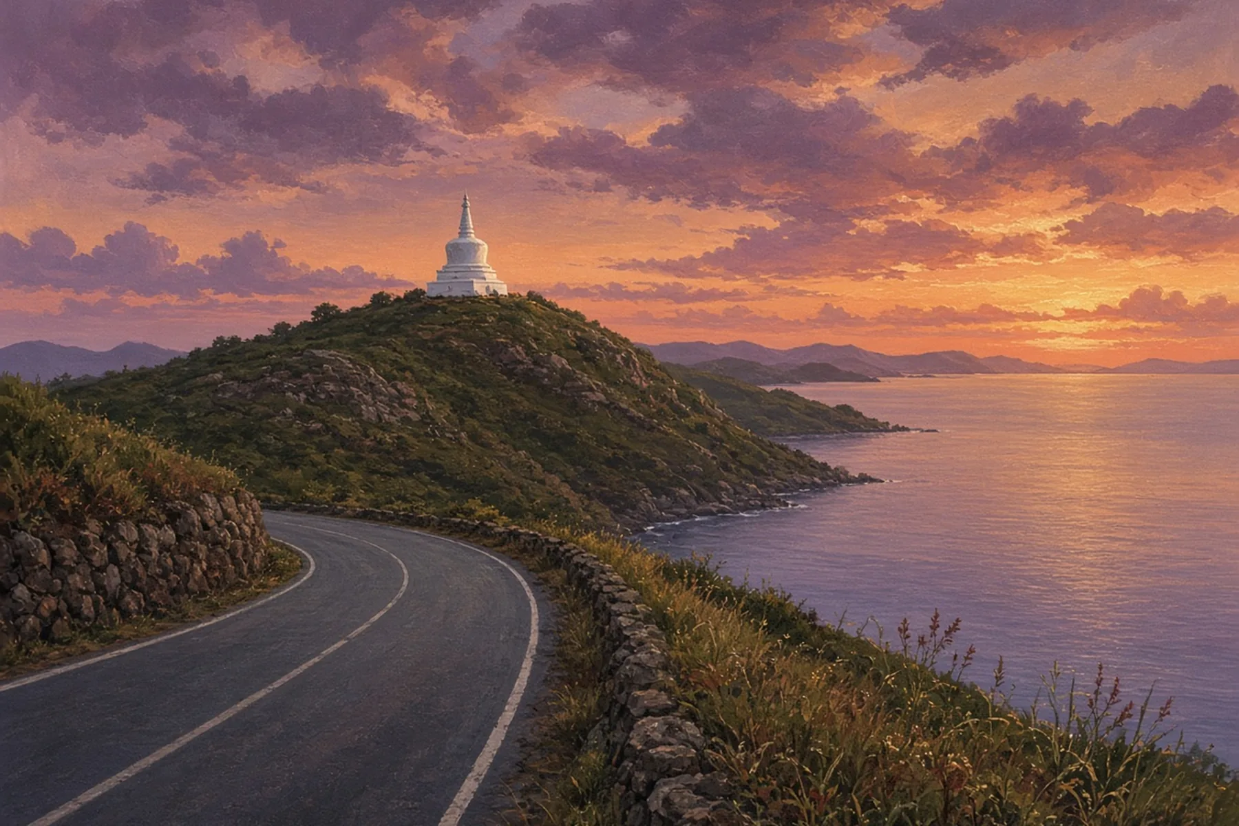 Empty coast road curving past a hill topped by a small white stupa above the sea at sunset