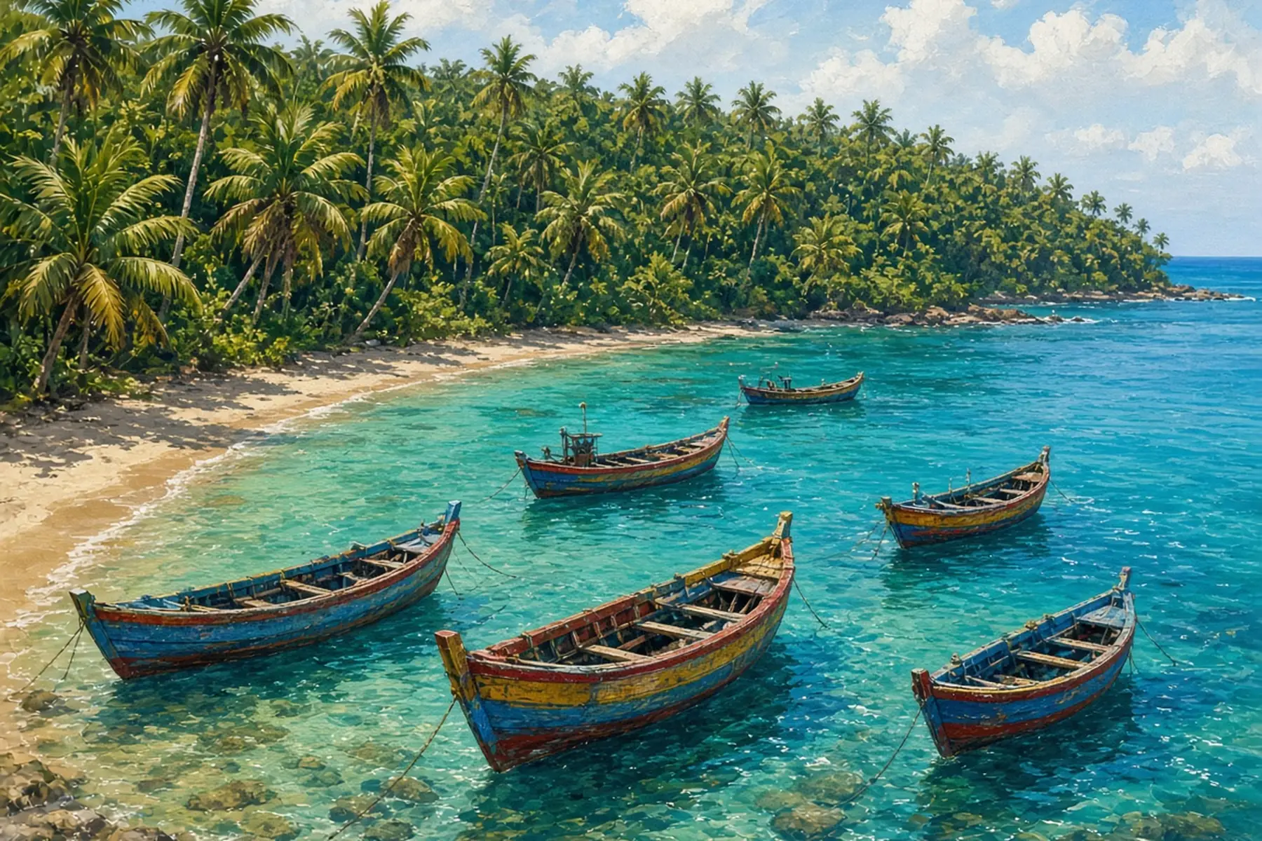 Six painted wooden fishing boats moored in clear turquoise water off a palm-lined beach